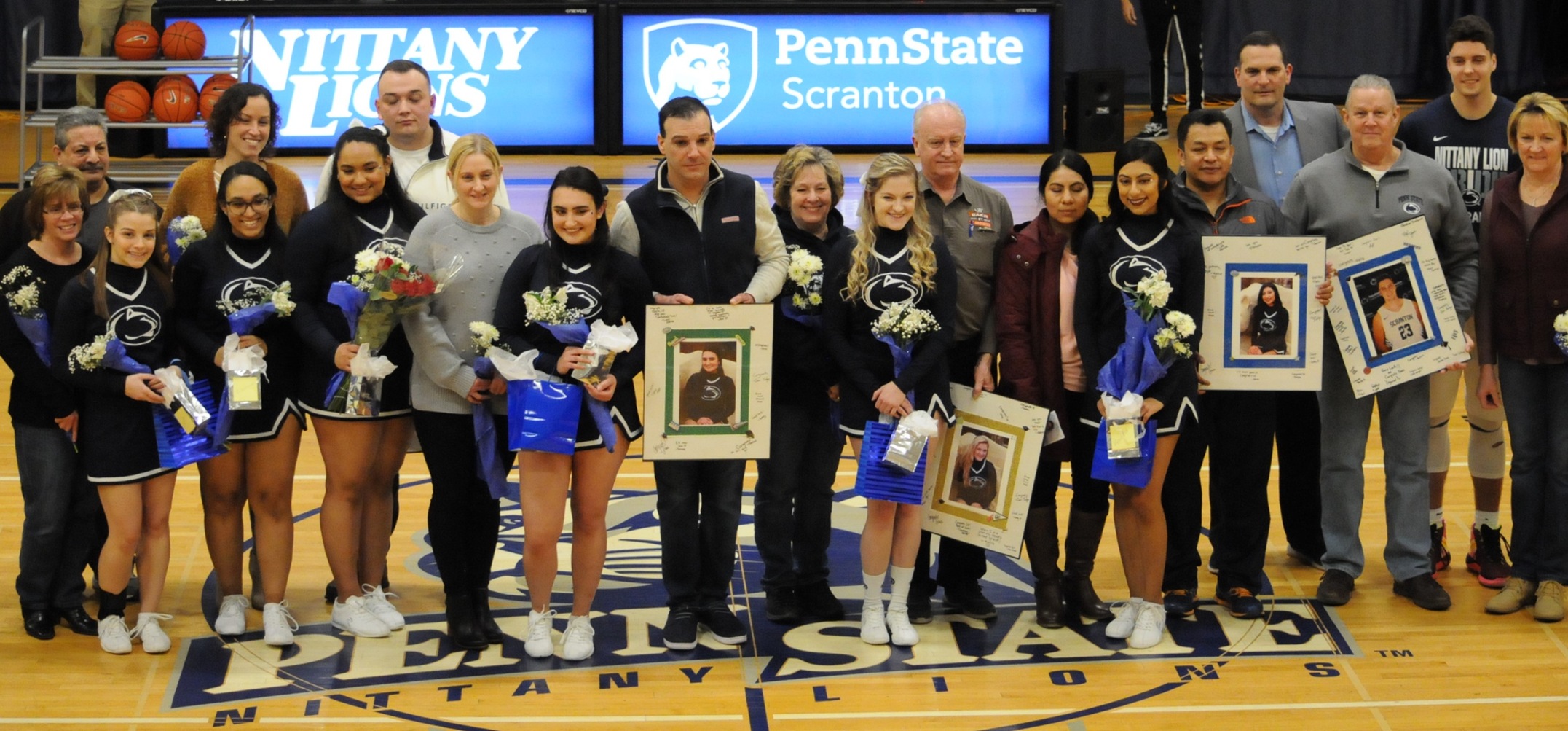 Photo / Deyniel Desarden (sophomore-corporate communications)
PSU Scranton Seniors, alone with their coaches and parents, celebrate Senior Night before the men's basketball victory over PSU Lehigh Valley on Tuesday night.